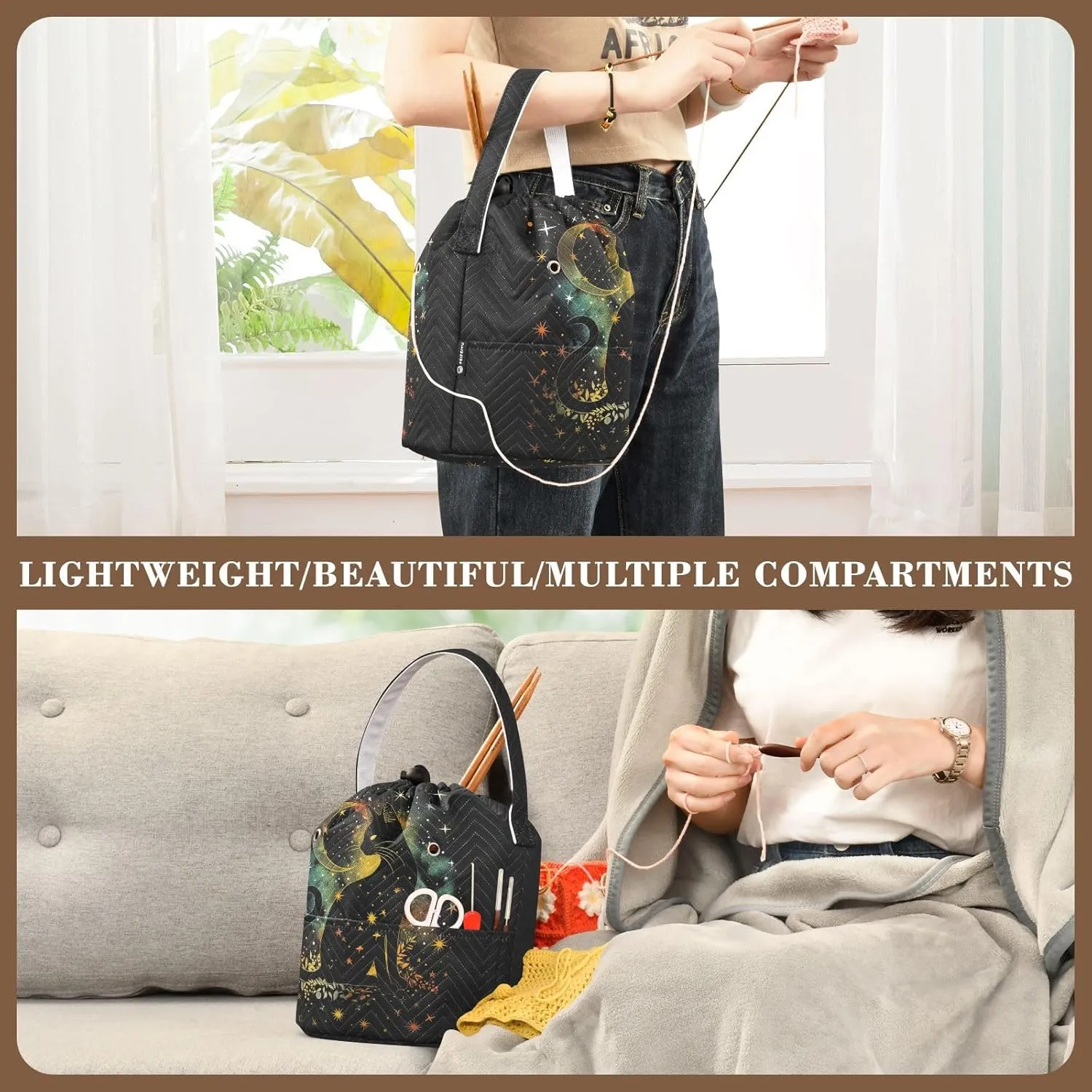 Fustylead Mystic Black Cat Silhouette and Stars Moon Crochet Drawstring Organizer, Large Yarn Bag Storage Tote Basket for Crocheting On The Go, Kit Holder, Gift for Knitter, Crochet Beginner