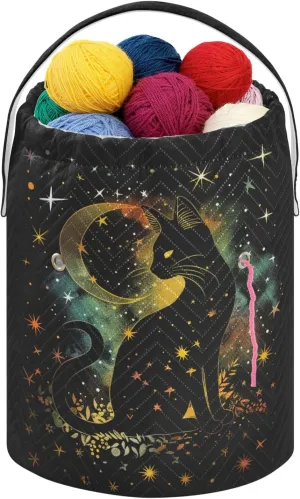 Fustylead Mystic Black Cat Silhouette and Stars Moon Crochet Drawstring Organizer, Large Yarn Bag Storage Tote Basket for Crocheting On The Go, Kit Holder, Gift for Knitter, Crochet Beginner