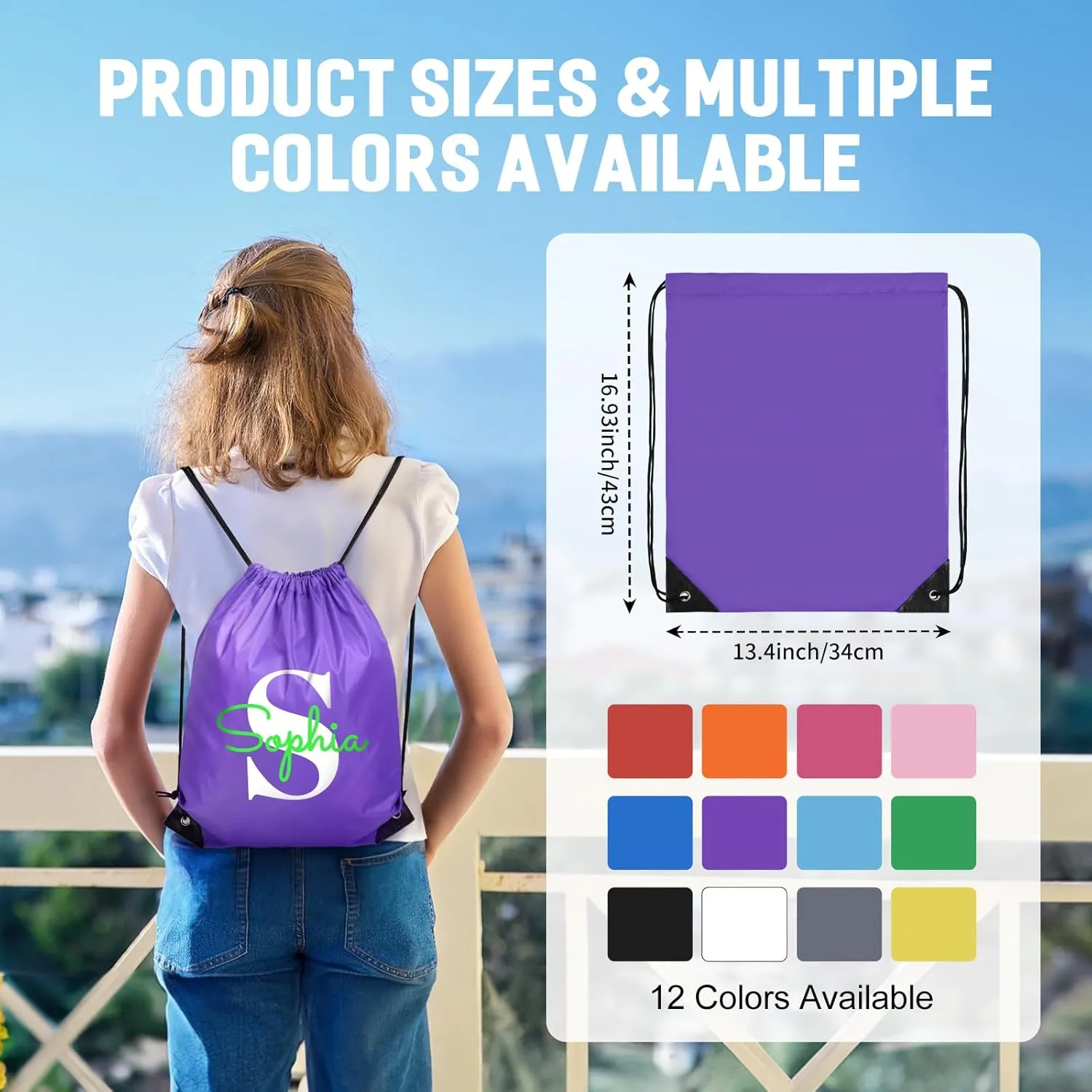 Fyore Custom Drawstring Backpacks, Bulk Personalized Drawstring Sports Bags with Your Initials Name for Gym Beach Climb Trips Party Events- 13.4x17Inch,12 Colors