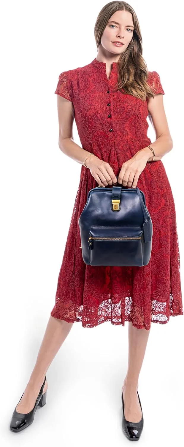 Genuine Leather Backpack Purse for Women Casual Daypack Small Business Casual Fashion Backpack for Women(Navy)