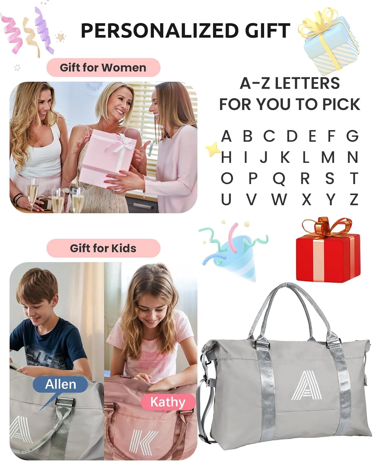 Gifts for 11 12 13 14 15 16 17 18 Year Old Girls, Initial Travel Duffel Bag, Kids Easter Gift, Personalized Weekender Bag, Monogram Overnight Bag, Gift for Friend Sister (Letter K)