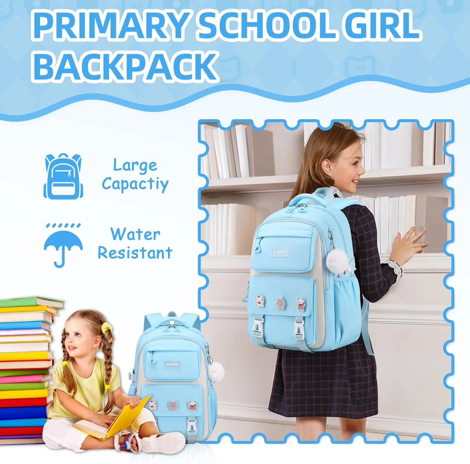 Girls Backpack, Kids Backpack for Girls with Anti-theft Back Pocket, Lightweight School Backpacks Watrer Resistant, Bookbag for Elementary Primary School, Light Blue