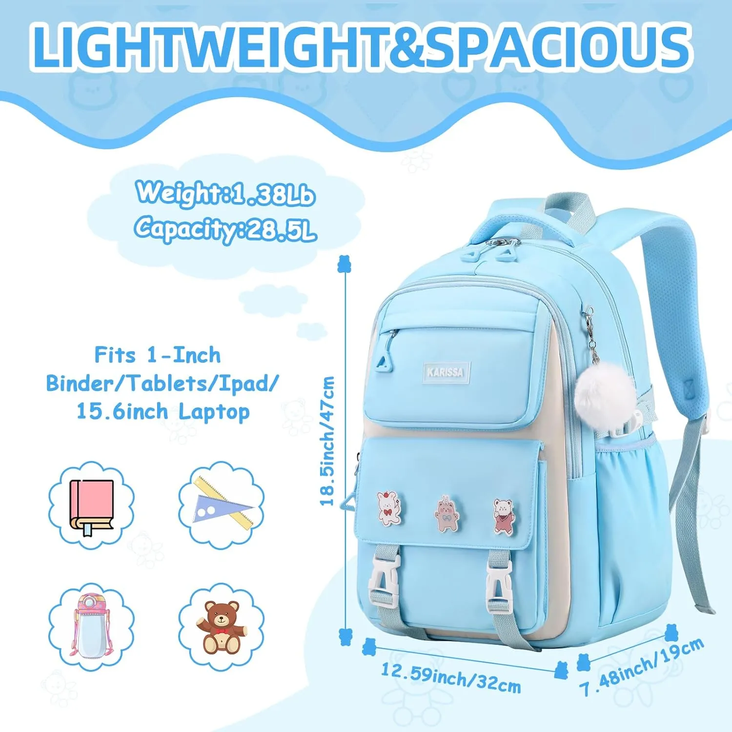 Girls Backpack, Kids Backpack for Girls with Anti-theft Back Pocket, Lightweight School Backpacks Watrer Resistant, Bookbag for Elementary Primary School, Light Blue