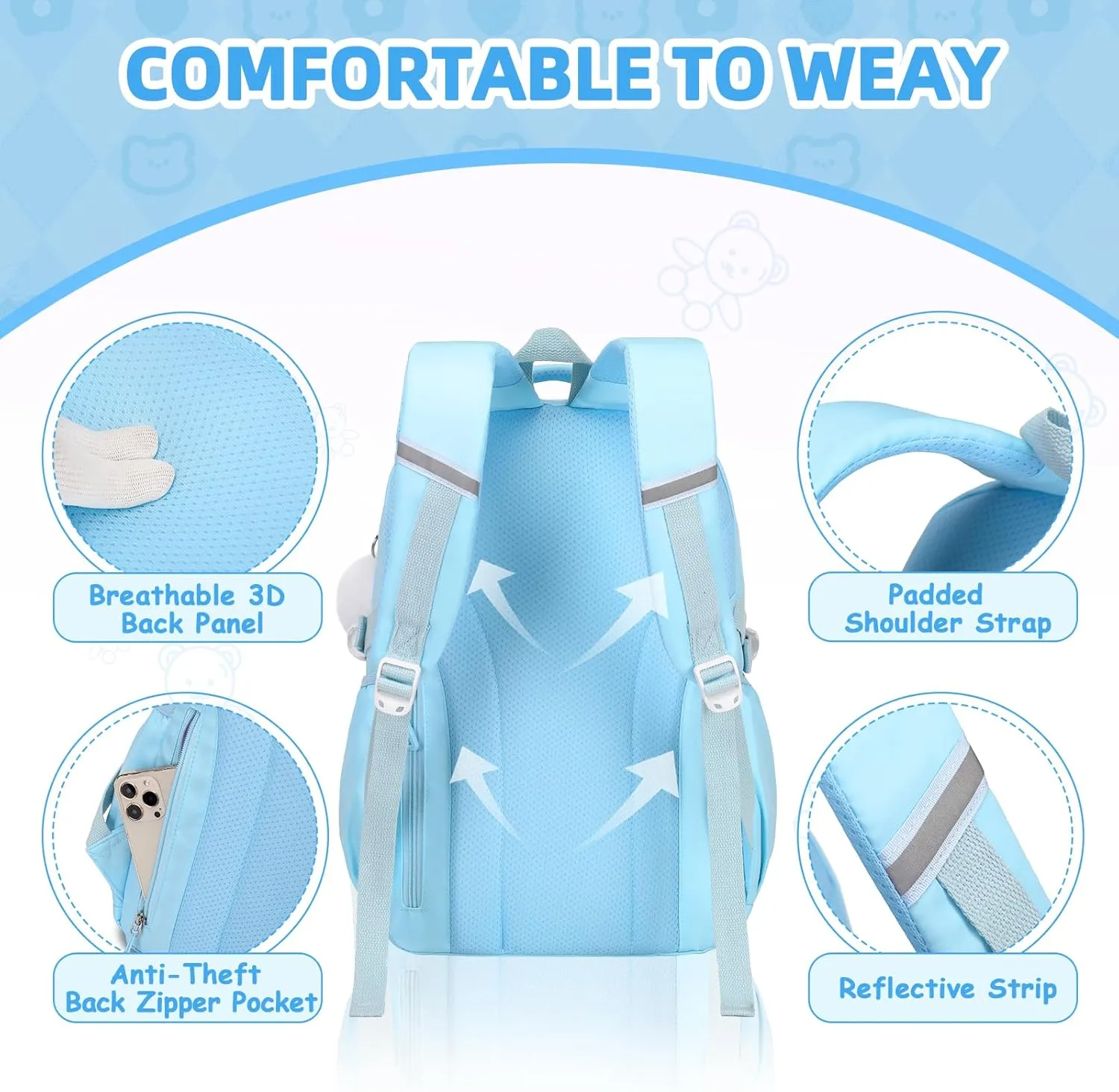 Girls Backpack, Kids Backpack for Girls with Anti-theft Back Pocket, Lightweight School Backpacks Watrer Resistant, Bookbag for Elementary Primary School, Light Blue