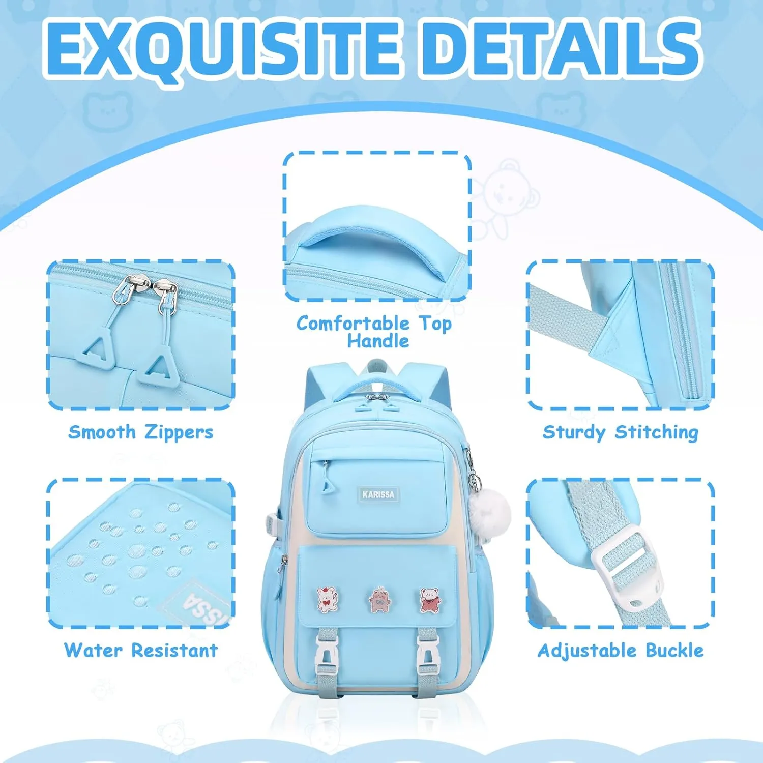 Girls Backpack, Kids Backpack for Girls with Anti-theft Back Pocket, Lightweight School Backpacks Watrer Resistant, Bookbag for Elementary Primary School, Light Blue