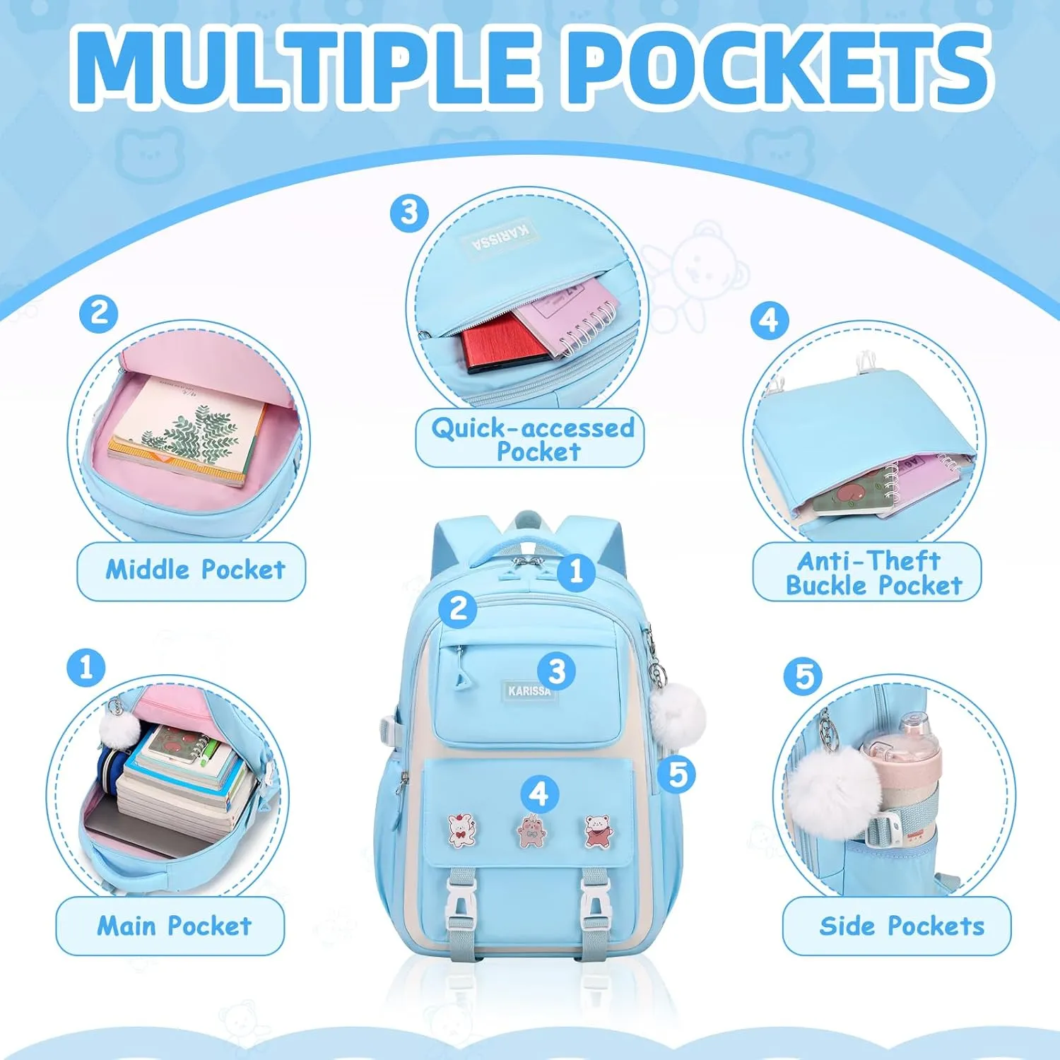 Girls Backpack, Kids Backpack for Girls with Anti-theft Back Pocket, Lightweight School Backpacks Watrer Resistant, Bookbag for Elementary Primary School, Light Blue