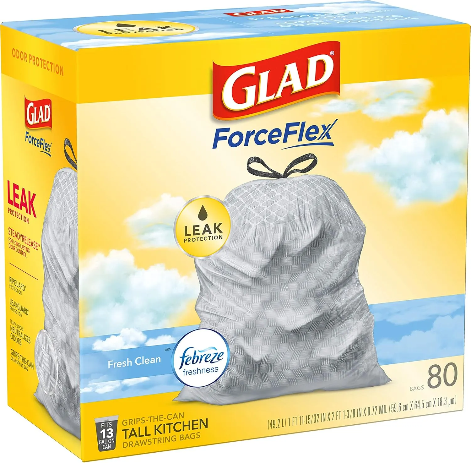 Glad ForceFlex Drawstring Trash Bags, 13 Gallon, Fresh Clean, 80 Count (Package May Vary)