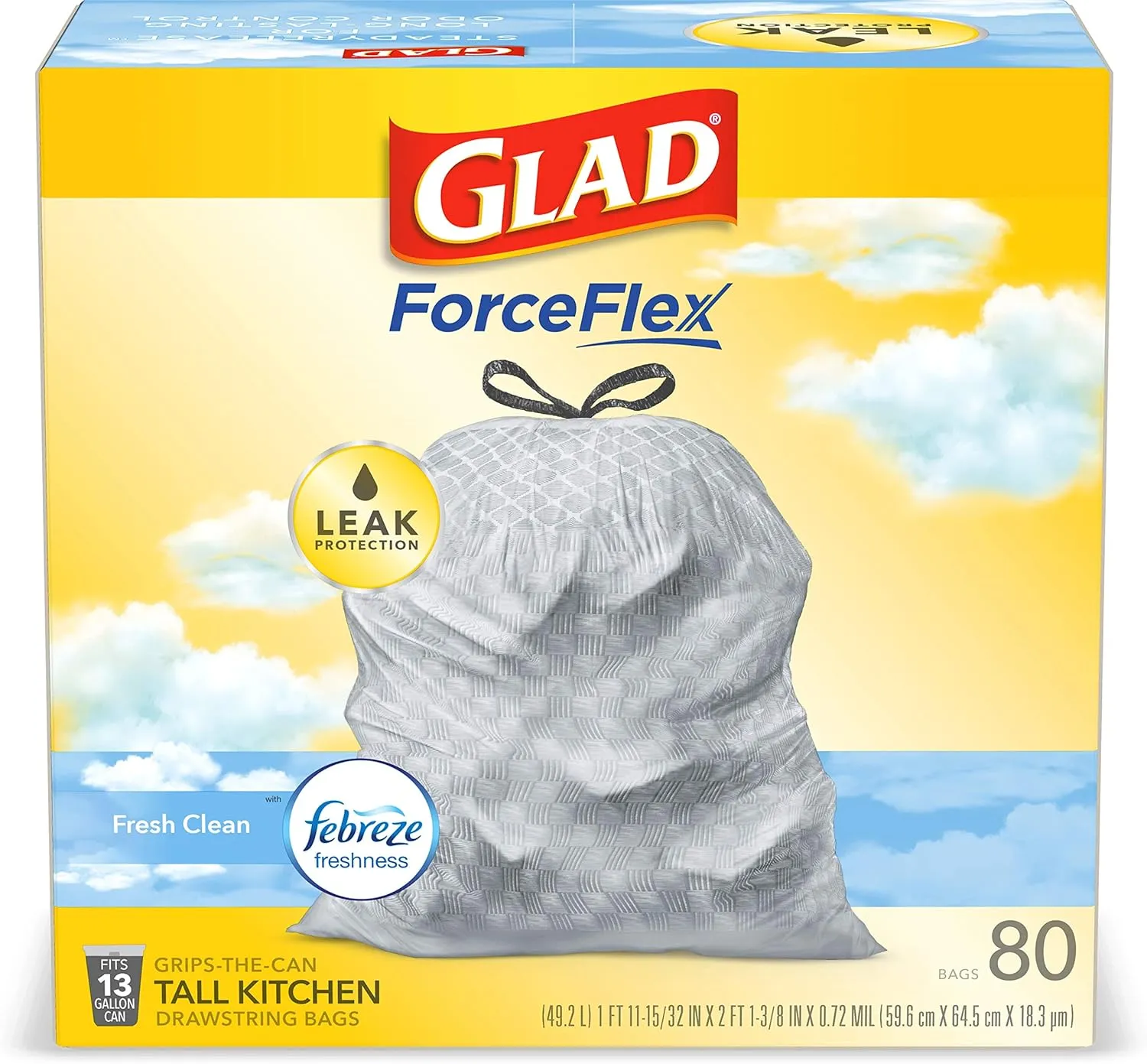 Glad ForceFlex Drawstring Trash Bags, 13 Gallon, Fresh Clean, 80 Count (Package May Vary)