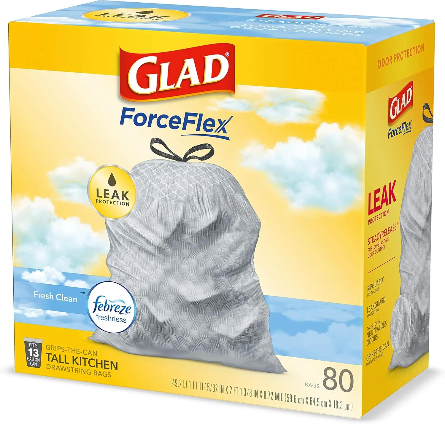Glad ForceFlex Drawstring Trash Bags, 13 Gallon, Fresh Clean, 80 Count (Package May Vary)