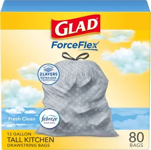 Glad ForceFlex Drawstring Trash Bags, 13 Gallon, Fresh Clean, 80 Count (Package May Vary)