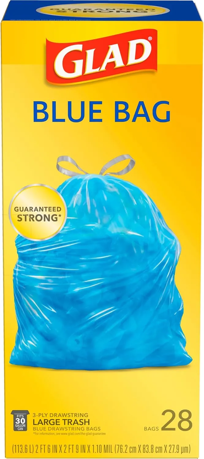 Glad Large Drawstring Bags, Blue, 30 Gallon, 28 Count (Package May Vary)