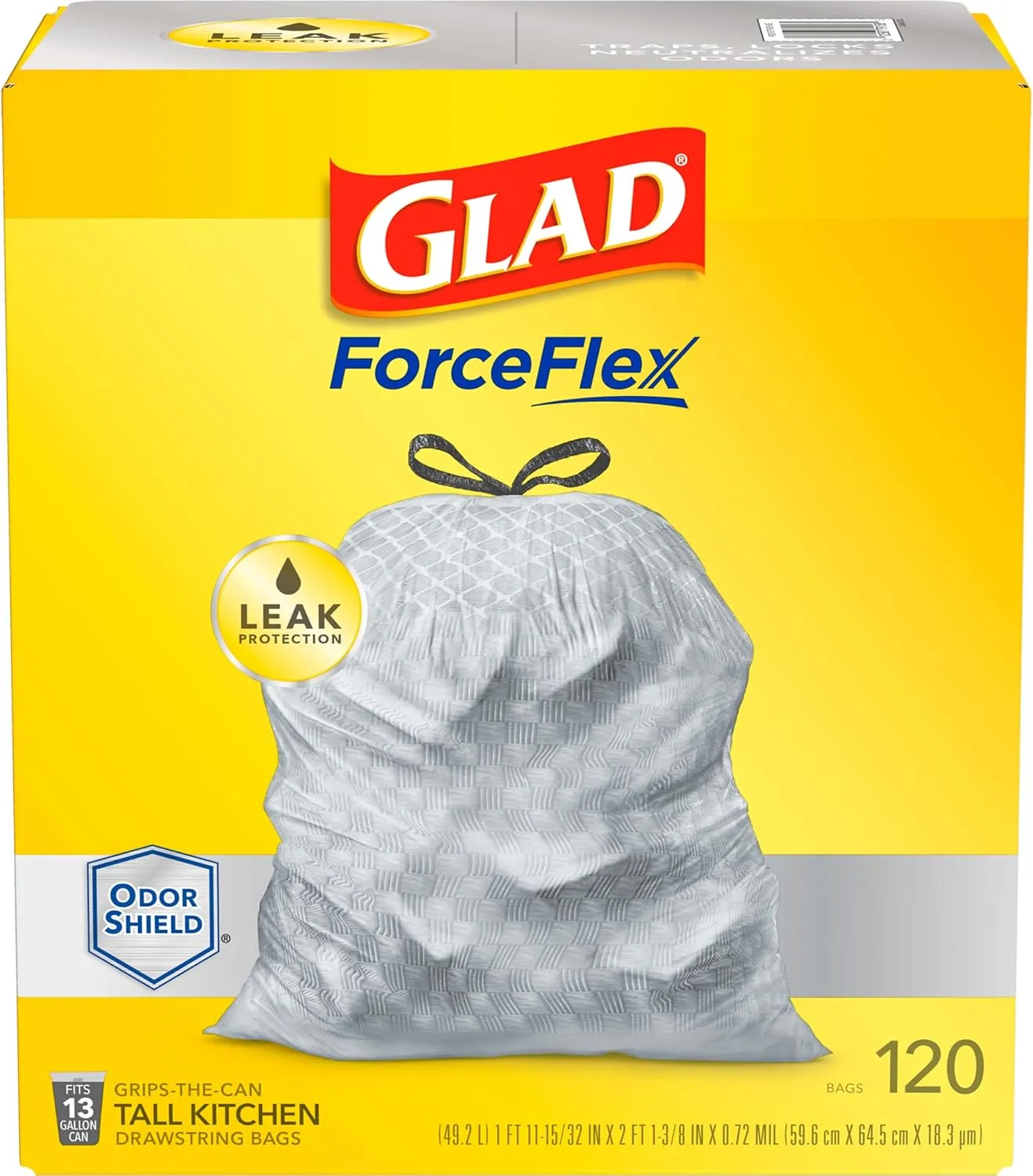 Glad Trash Bags, ForceFlex Tall Kitchen Drawstring Garbage Bags - 13 Gallon White Trash Bag for Kitchen Trash Can, Odor Shield, Odor Eliminator, Leak Protection, 120 Count