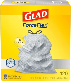 Glad Trash Bags, ForceFlex Tall Kitchen Drawstring Garbage Bags - 13 Gallon White Trash Bag for Kitchen Trash Can, Odor Shield, Odor Eliminator, Leak Protection, 120 Count