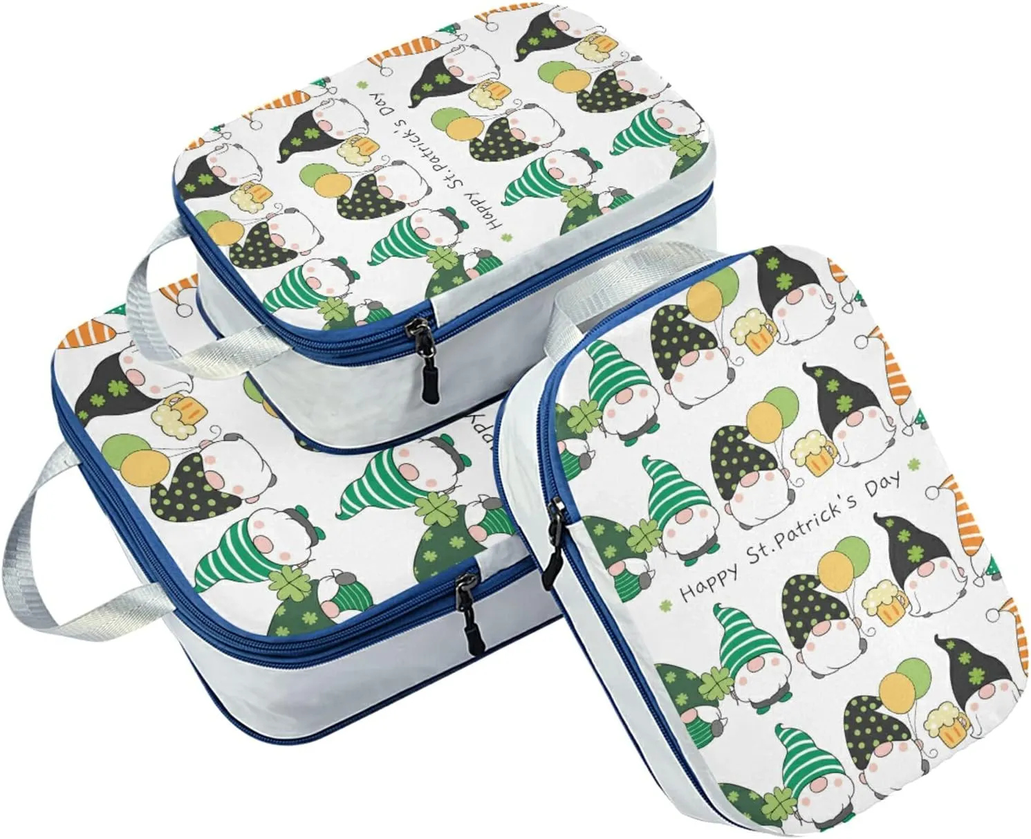 Gnomes with Happy St Patrick's Day Green Lucky Shamrock Clovers 3 Set Packing Cubes, Travel Packing Organizers for Suitcases, Waterproof Check Oxford Toiletry Compression Luggage Storage Bag