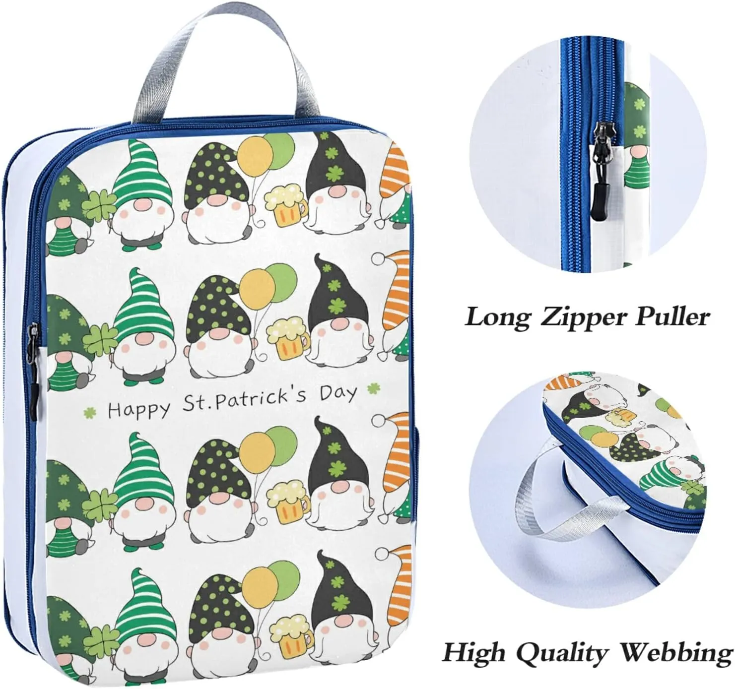 Gnomes with Happy St Patrick's Day Green Lucky Shamrock Clovers 3 Set Packing Cubes, Travel Packing Organizers for Suitcases, Waterproof Check Oxford Toiletry Compression Luggage Storage Bag