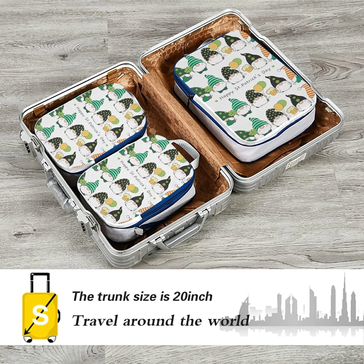 Gnomes with Happy St Patrick's Day Green Lucky Shamrock Clovers 3 Set Packing Cubes, Travel Packing Organizers for Suitcases, Waterproof Check Oxford Toiletry Compression Luggage Storage Bag