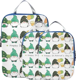 Gnomes with Happy St Patrick's Day Green Lucky Shamrock Clovers 3 Set Packing Cubes, Travel Packing Organizers for Suitcases, Waterproof Check Oxford Toiletry Compression Luggage Storage Bag