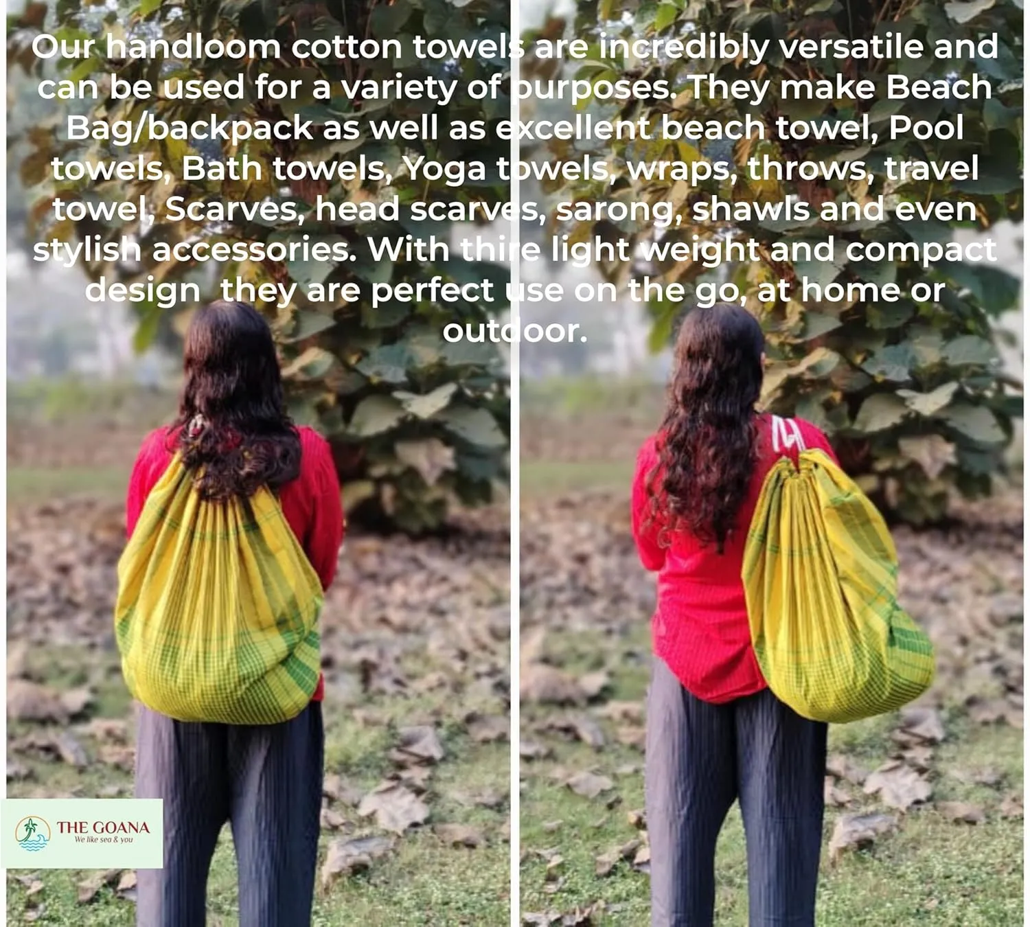 GOANA Beach Towel convert to Tote Bag or Backpack large size 72"×35"adjustable straps with Organizer 100% Organic Cotton handloom lightweight Quick Dry Absorbent Travel Picnic (Mustard Yellow & Green)