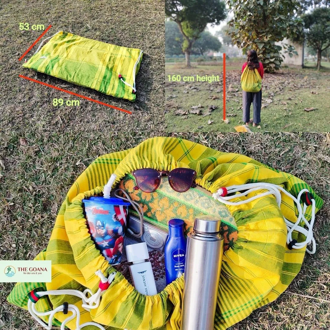 GOANA Beach Towel convert to Tote Bag or Backpack large size 72"×35"adjustable straps with Organizer 100% Organic Cotton handloom lightweight Quick Dry Absorbent Travel Picnic (Mustard Yellow & Green)