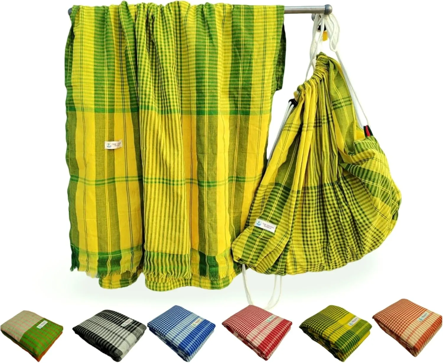GOANA Beach Towel convert to Tote Bag or Backpack large size 72"×35"adjustable straps with Organizer 100% Organic Cotton handloom lightweight Quick Dry Absorbent Travel Picnic (Mustard Yellow & Green)