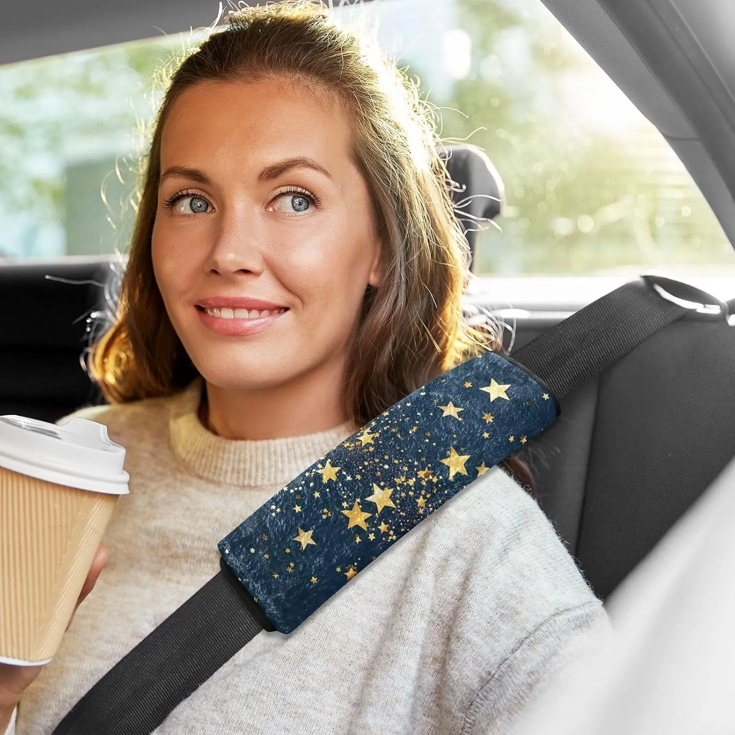 Gold Stars on a Dark Blue Car Seat Belt Cover Strap Pad Shoulder Bag