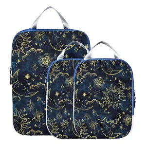 Gold Sun Moon Golden Soleil Cosmos Astrology on Dark Blue Pattern 3 Set Packing Cubes, Waterproof Check Oxford cloth Organizers, Travel Packing Toiletry Storage Bag