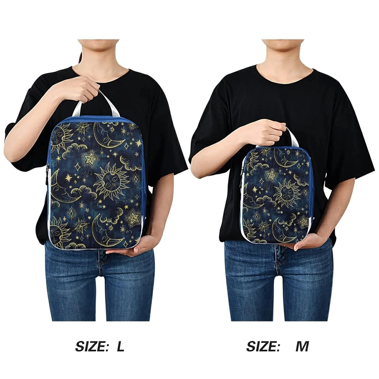 Gold Sun Moon Golden Soleil Cosmos Astrology on Dark Blue Pattern 3 Set Packing Cubes, Waterproof Check Oxford cloth Organizers, Travel Packing Toiletry Storage Bag