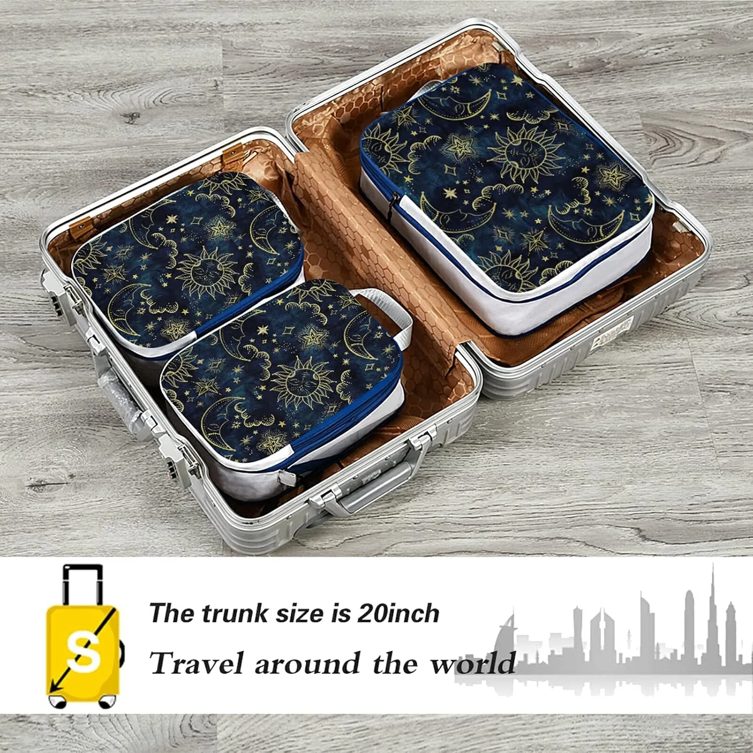 Gold Sun Moon Golden Soleil Cosmos Astrology on Dark Blue Pattern 3 Set Packing Cubes, Waterproof Check Oxford cloth Organizers, Travel Packing Toiletry Storage Bag