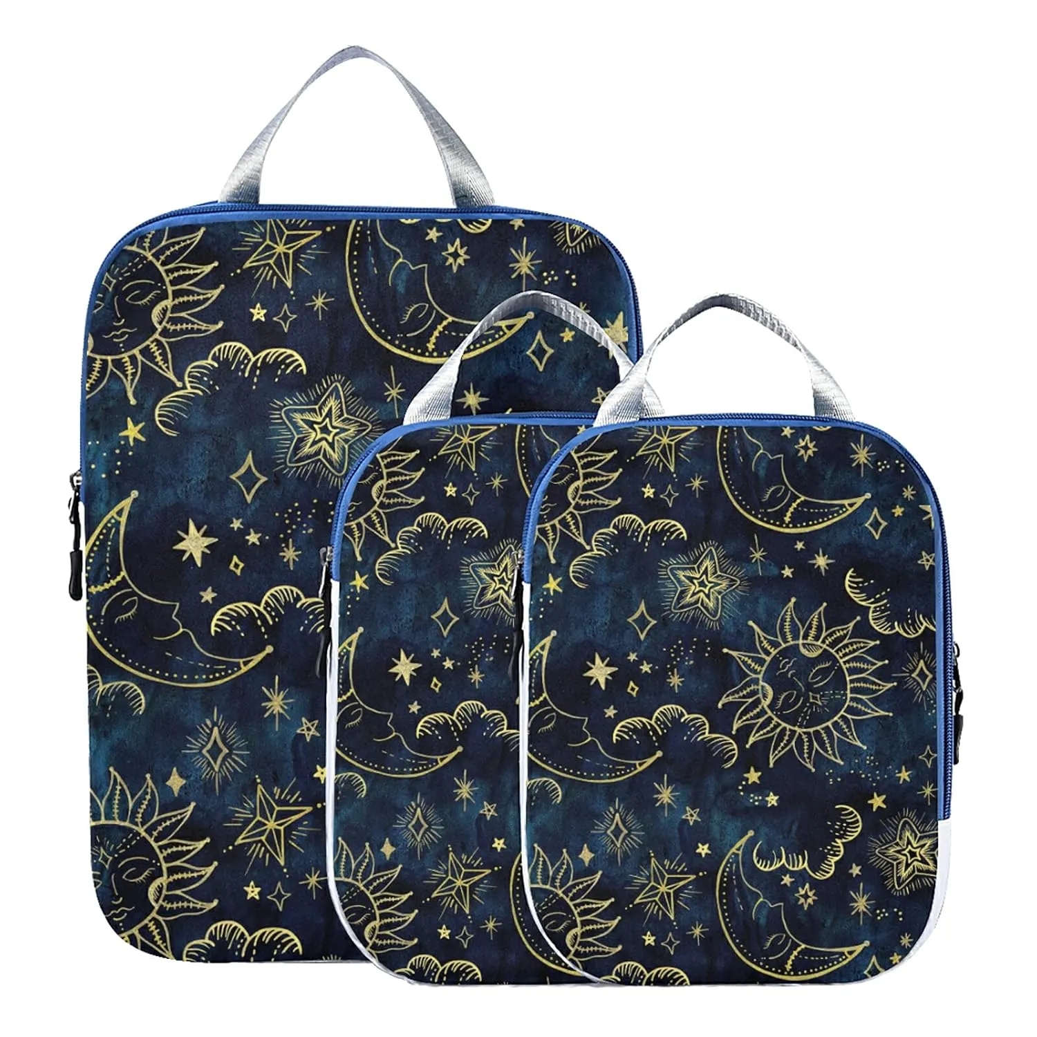 Gold Sun Moon Golden Soleil Cosmos Astrology on Dark Blue Pattern 3 Set Packing Cubes, Waterproof Check Oxford cloth Organizers, Travel Packing Toiletry Storage Bag
