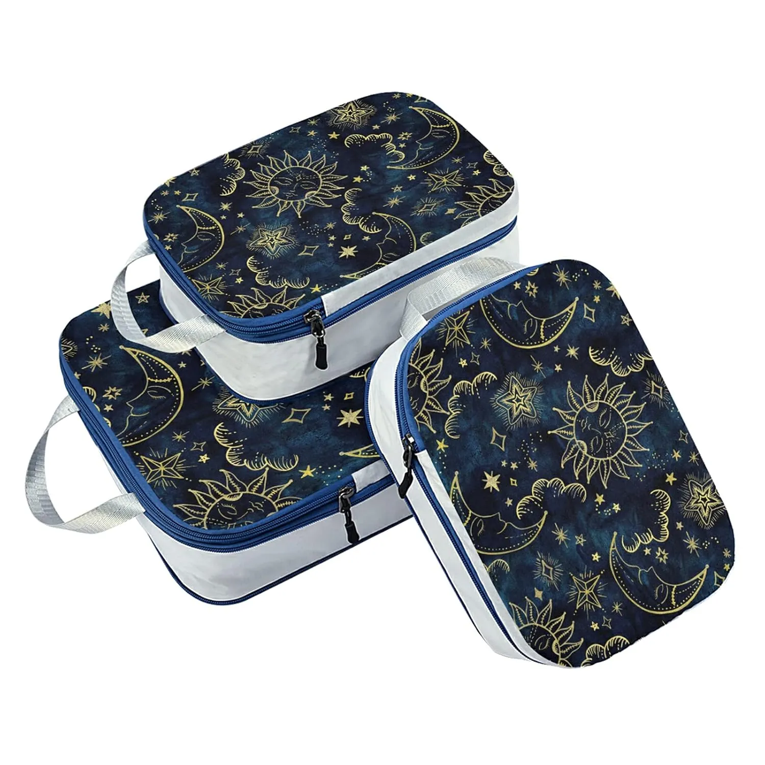 Gold Sun Moon Golden Soleil Cosmos Astrology on Dark Blue Pattern 3 Set Packing Cubes, Waterproof Check Oxford cloth Organizers, Travel Packing Toiletry Storage Bag