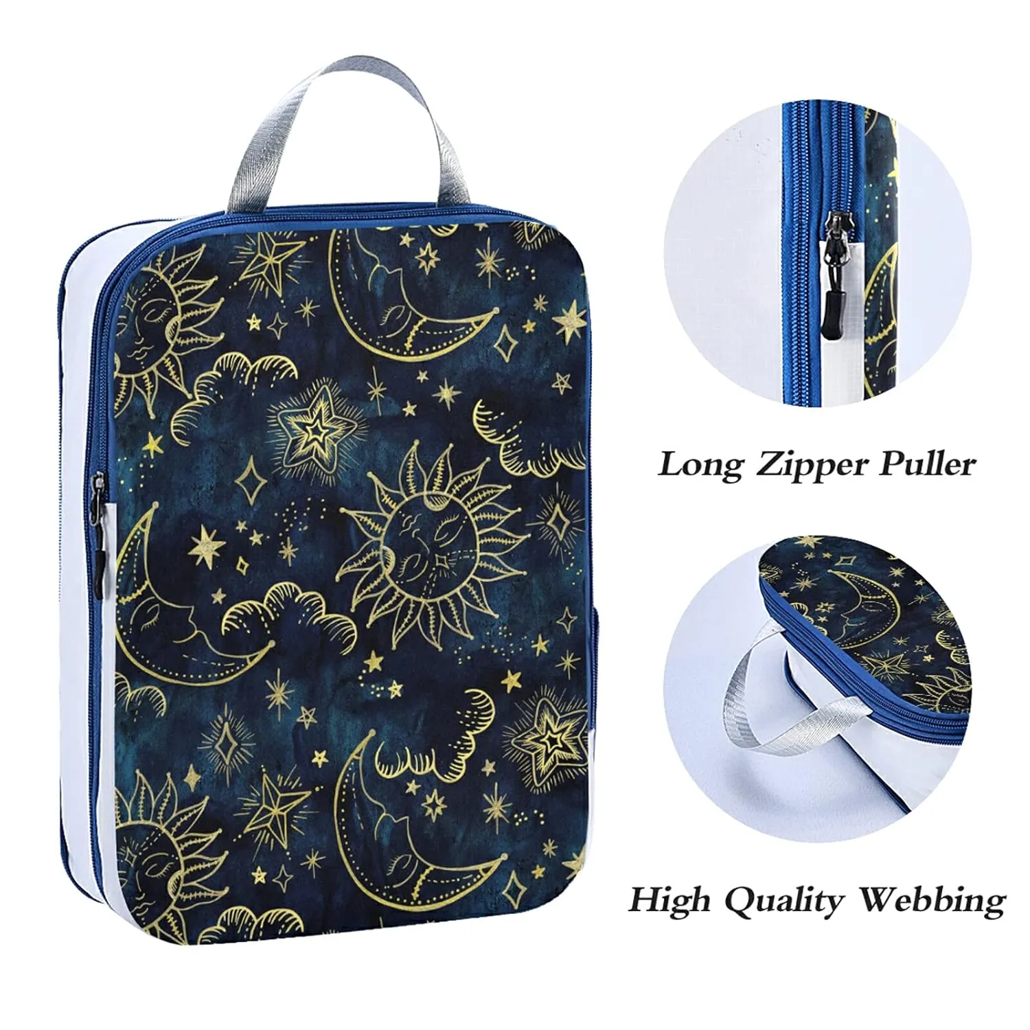 Gold Sun Moon Golden Soleil Cosmos Astrology on Dark Blue Pattern 3 Set Packing Cubes, Waterproof Check Oxford cloth Organizers, Travel Packing Toiletry Storage Bag