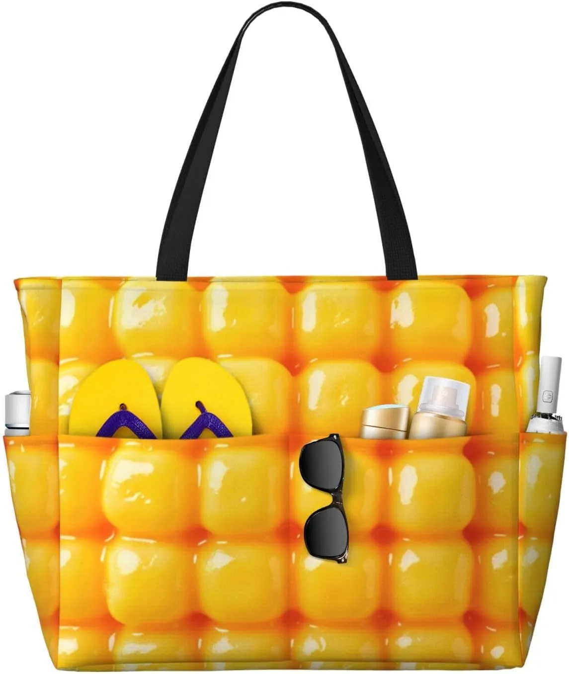 Golden Corn Kernels Print 28L Large Beach Tote Bag, 7 Pockets Waterproof Travel Shoulder Bag, Gym Oversized Tote