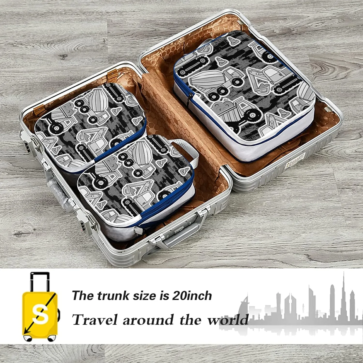 Grey Construction Machinery with Truck Crane and Bulldozer on Grey 3 Set Packing Cubes, Waterproof Check Oxford cloth Organizers, Travel Packing Toiletry Storage Bag