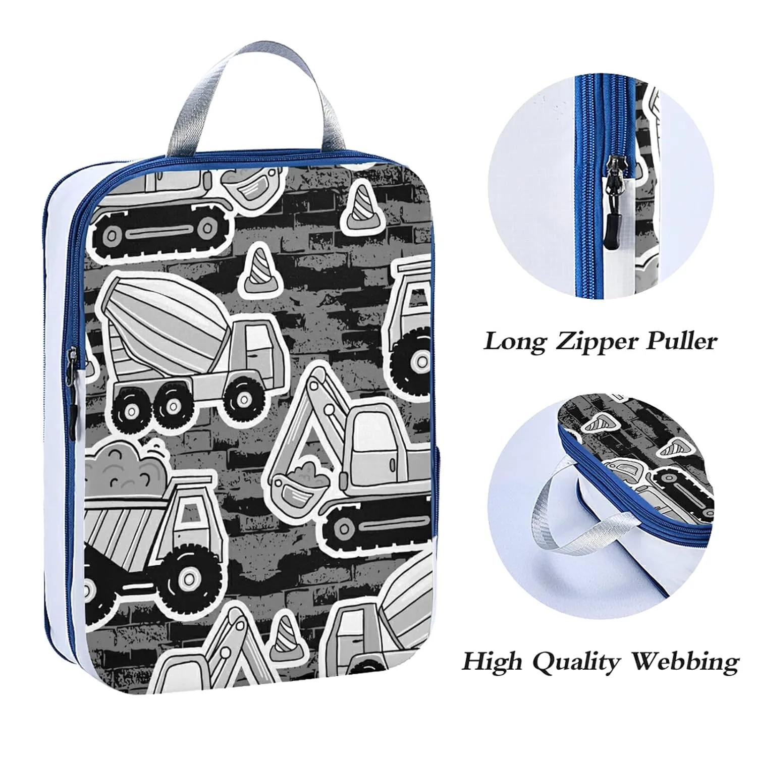 Grey Construction Machinery with Truck Crane and Bulldozer on Grey 3 Set Packing Cubes, Waterproof Check Oxford cloth Organizers, Travel Packing Toiletry Storage Bag
