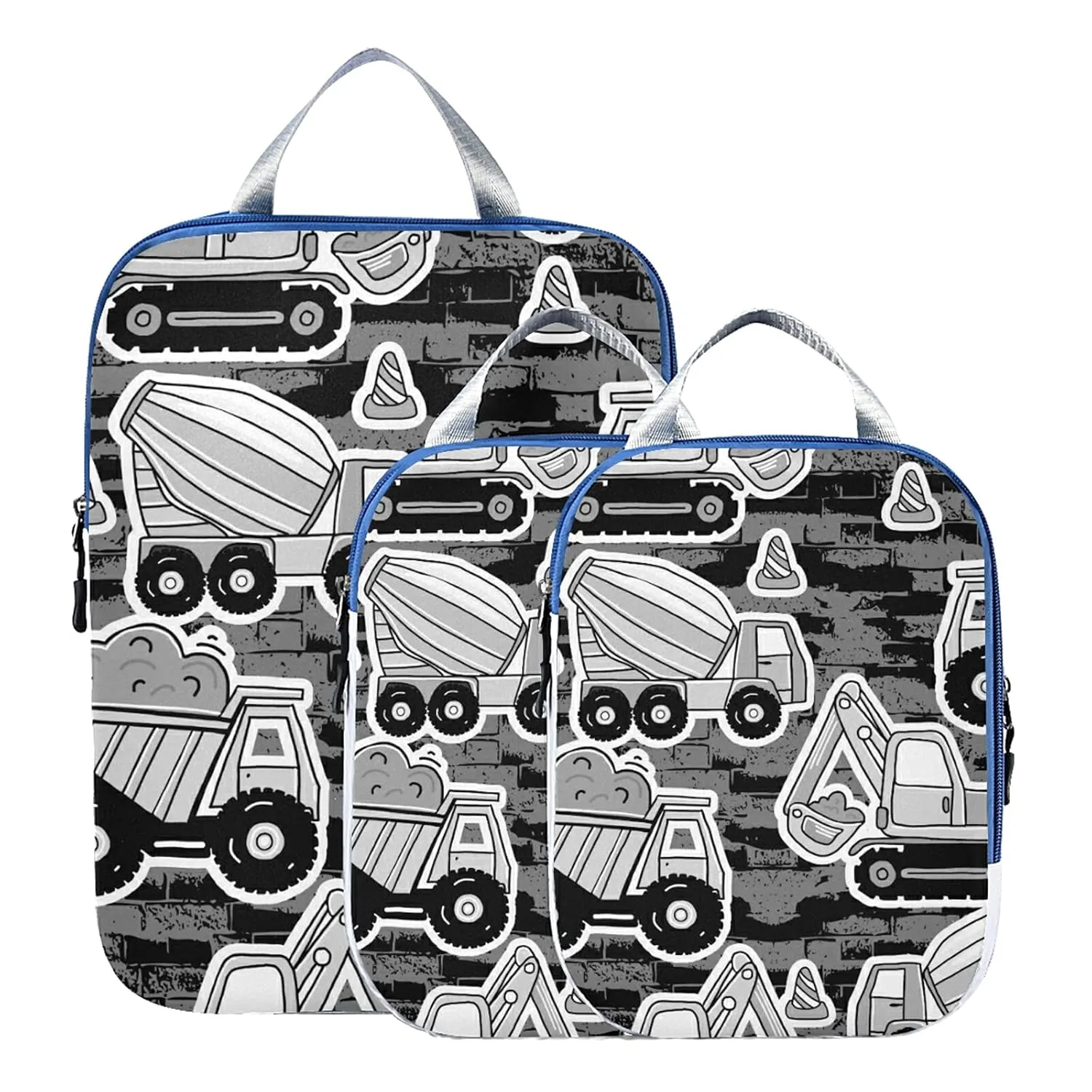 Grey Construction Machinery with Truck Crane and Bulldozer on Grey 3 Set Packing Cubes, Waterproof Check Oxford cloth Organizers, Travel Packing Toiletry Storage Bag