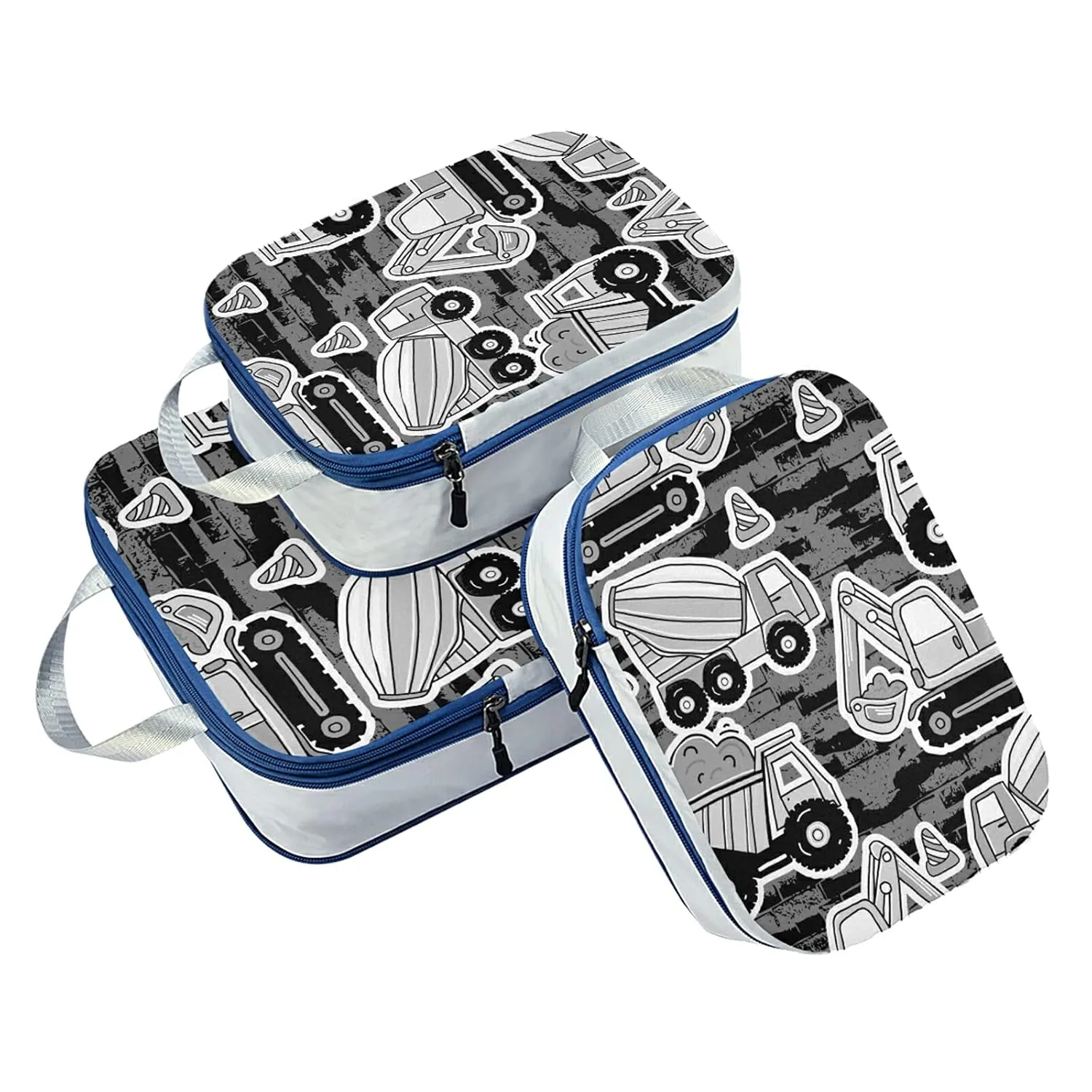 Grey Construction Machinery with Truck Crane and Bulldozer on Grey 3 Set Packing Cubes, Waterproof Check Oxford cloth Organizers, Travel Packing Toiletry Storage Bag