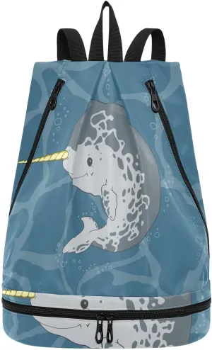 Gym Drawstring Bags Daypacks Backpack Purse Casual Knapsack Shoulder Bag Sitting Rucksack Swimming Equipment Bags Print Narwhal Unicorn Fish Under Sea Water