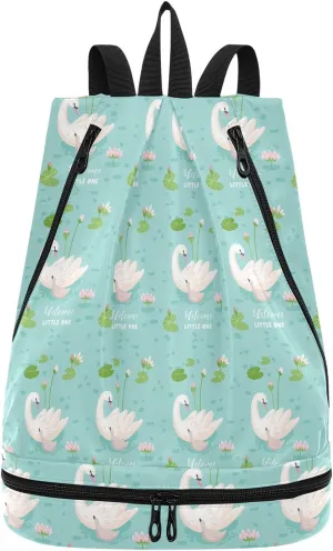 Gym Drawstring Bags Daypacks Backpack Purse Casual Knapsack Shoulder Bag Sitting Rucksack Swimming Equipment Bags Swan Parent With Water Lily Flowers Green Leaves Pond
