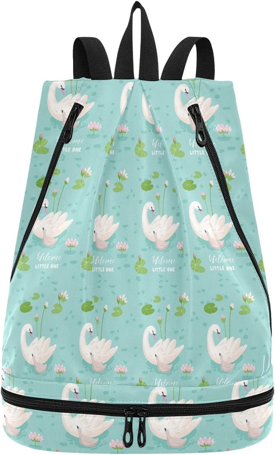 Gym Drawstring Bags Daypacks Backpack Purse Casual Knapsack Shoulder Bag Sitting Rucksack Swimming Equipment Bags Swan Parent With Water Lily Flowers Green Leaves Pond