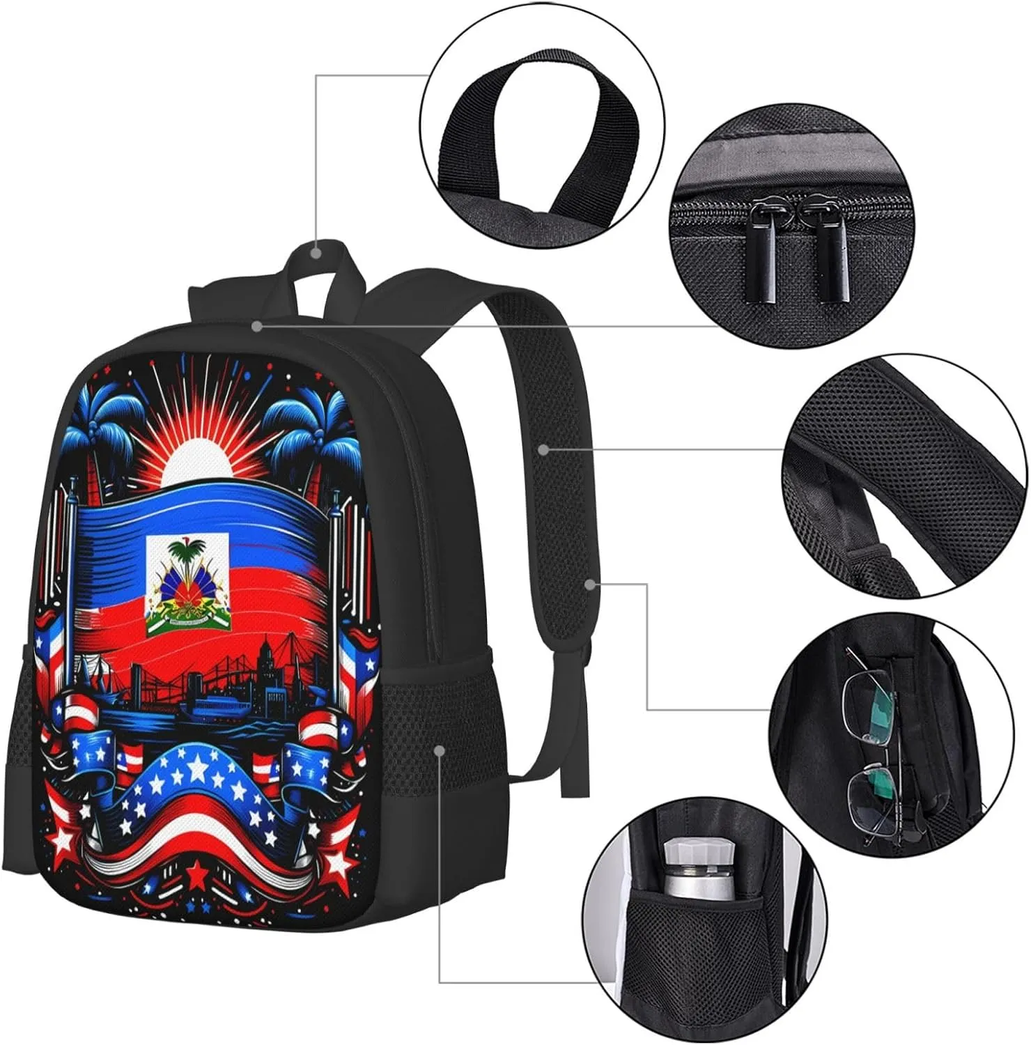 Haiti Flag Day Haitian Pride Casual Backpack Large Capacity Backpacks 15 Inch Laptop Back Pack Travel Rucksack Daypack Commuter Bags with Adjustable Strap for Camping