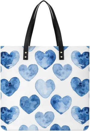 Hand Drawn Blue Heart Large Leather Handbags Women Fashion Handbag Multifunctional Travel Bag It Is A Great Gift for Mothers, Teachers, Friends, Bridesmaids