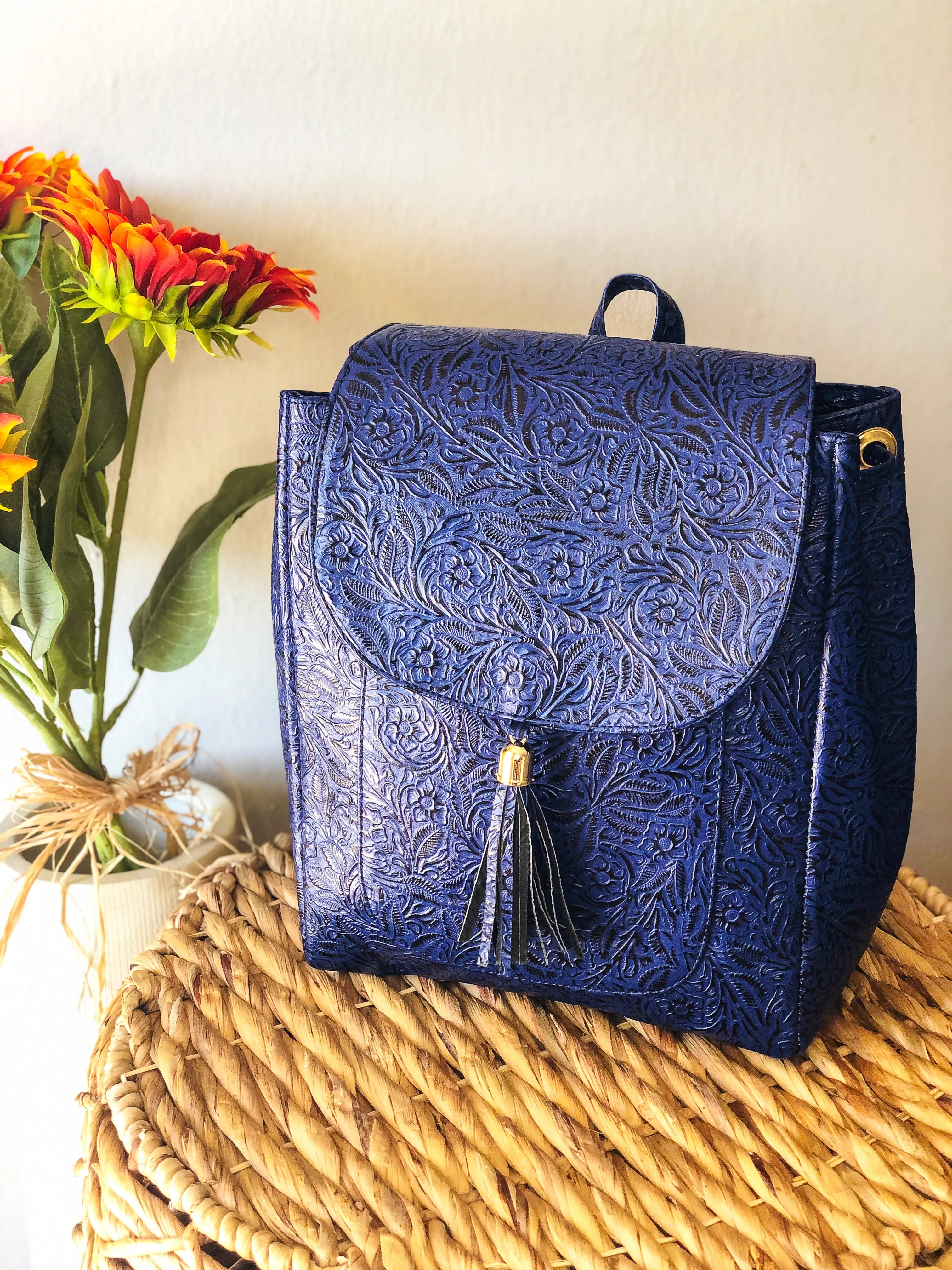 Hand-Tooled King Blue Leather Backpack
