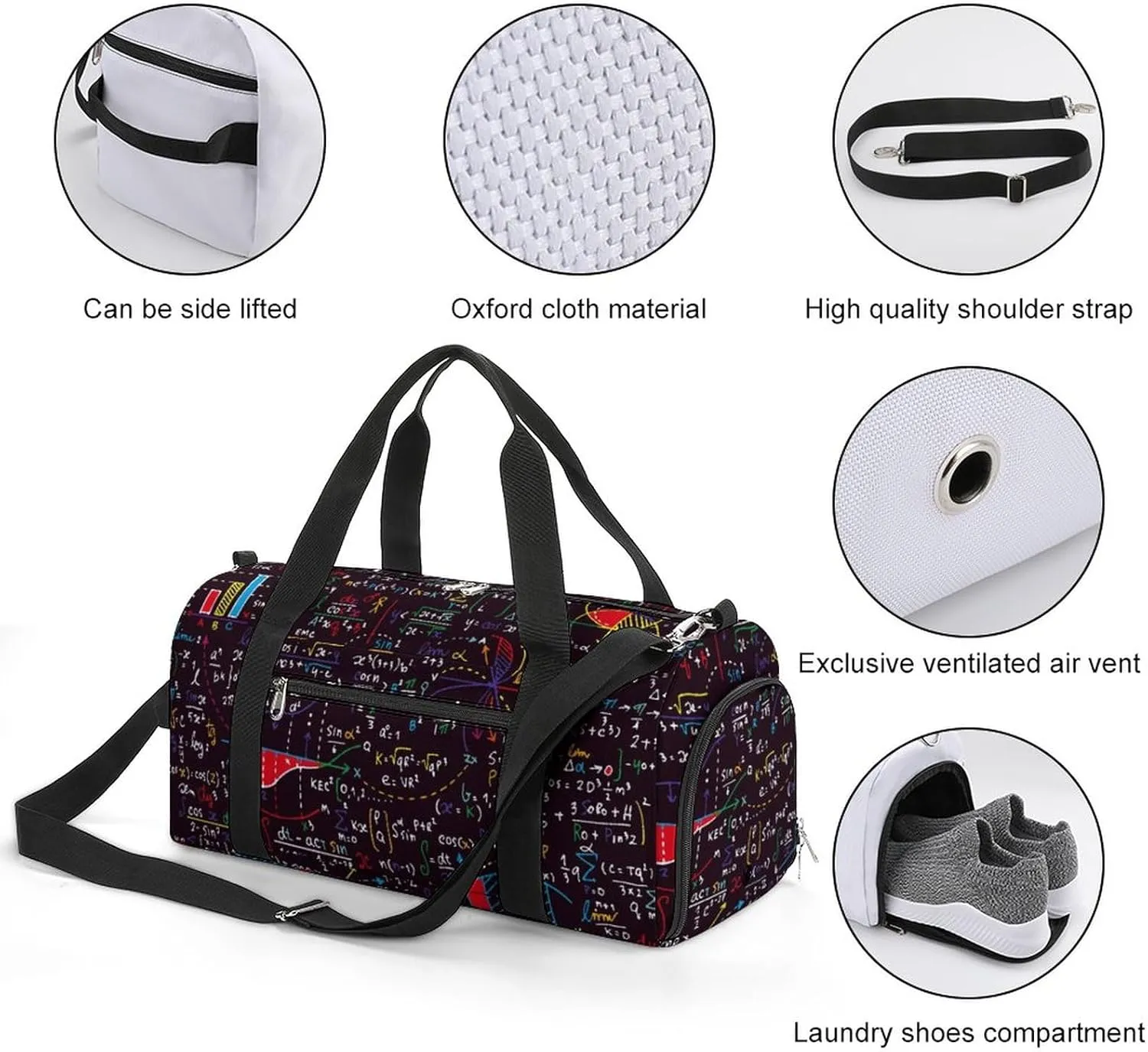 Handwritten-formulas Print Sports Tote Gym Bag for Women Men, Overnight Bag with Shoe Compartment Water Resistant