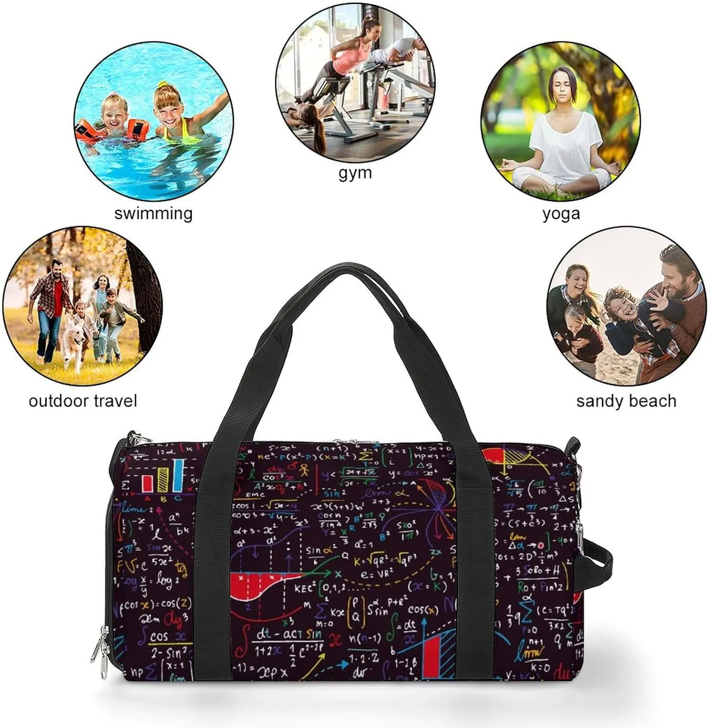 Handwritten-formulas Print Sports Tote Gym Bag for Women Men, Overnight Bag with Shoe Compartment Water Resistant