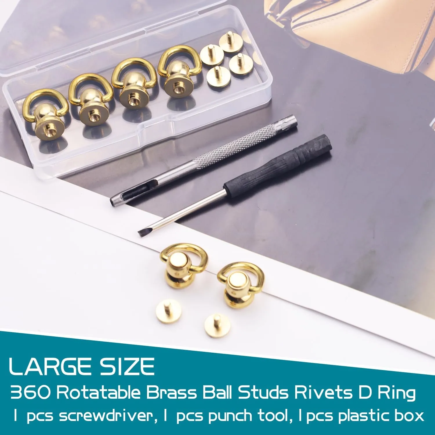 Heavy Duty Brass Rivet D Ring, 360 Rotatable, 6 Pcs Purse Rivets for DIY Leather Collar Belt Handbag Jeans