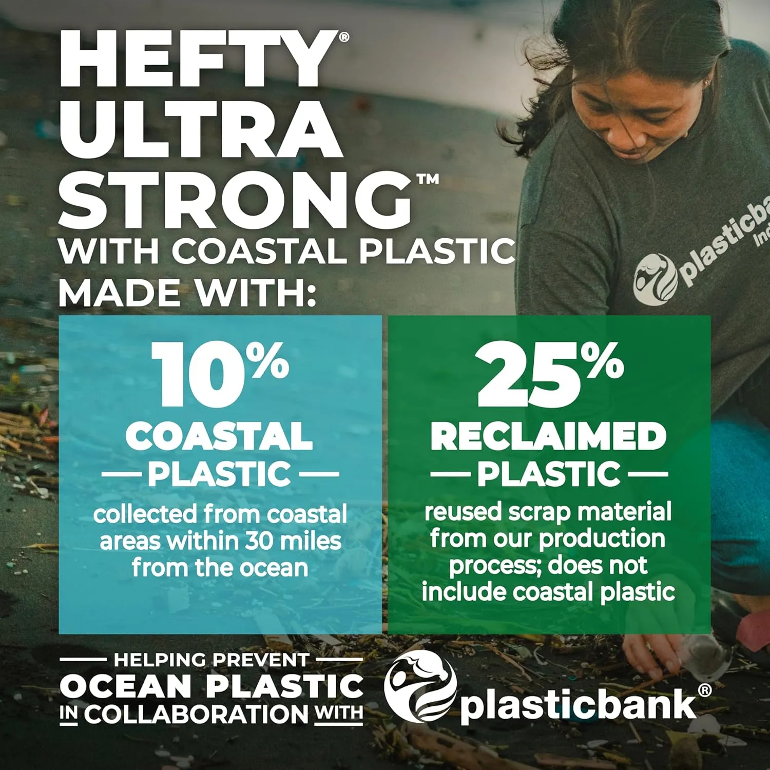 Hefty Ultra Strong 13 Gallon Trash Bags, Tall Kitchen Trash Bags Made with Recovered Materials, Including Coastal Plastic, Drawstring, Resists Leaks and Punctures, Gray, Seaside Breeze Scent, 80 Bags