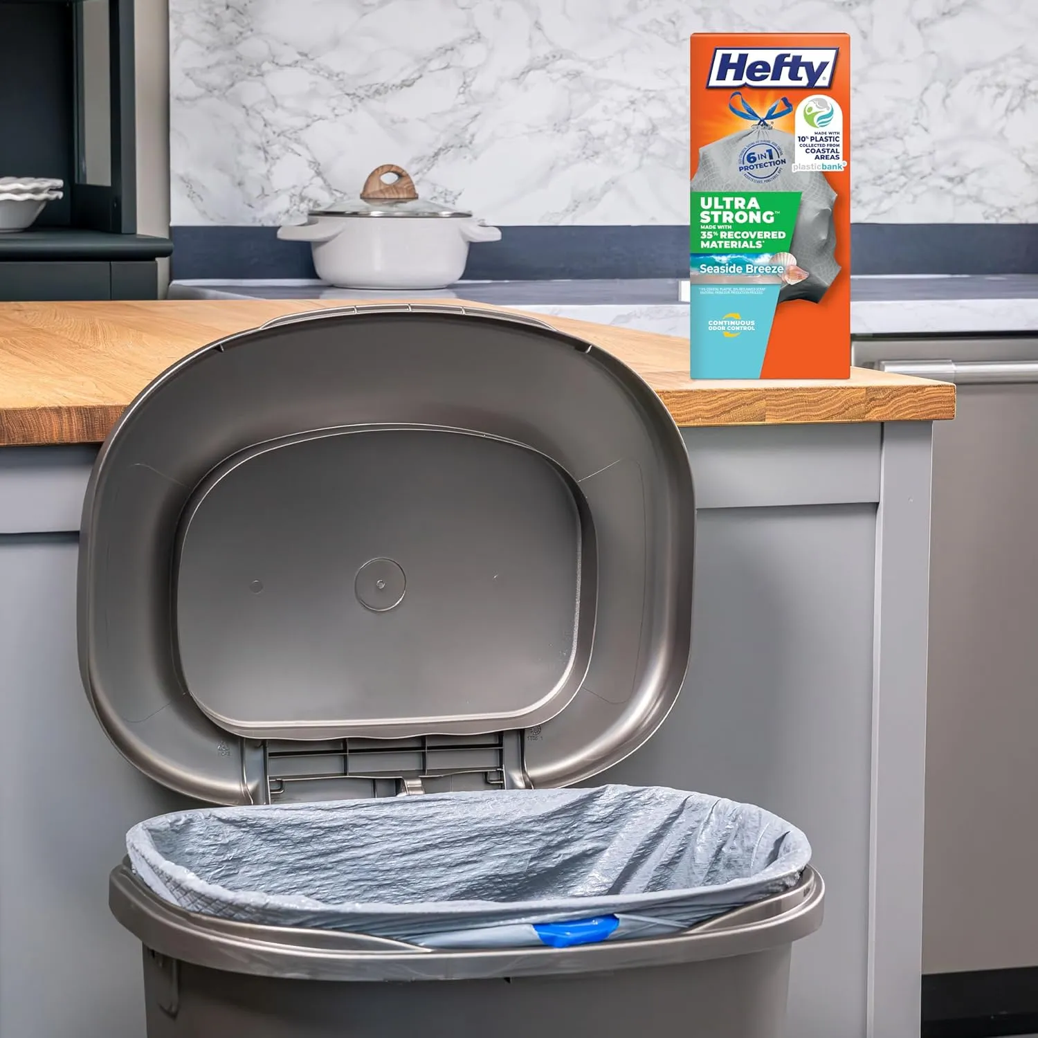 Hefty Ultra Strong 13 Gallon Trash Bags, Tall Kitchen Trash Bags Made with Recovered Materials, Including Coastal Plastic, Drawstring, Resists Leaks and Punctures, Gray, Seaside Breeze Scent, 80 Bags