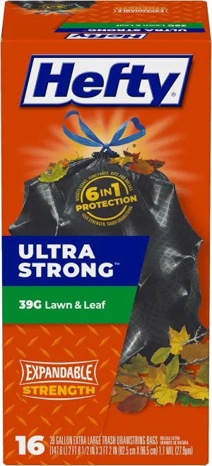 Hefty Ultra Strong Lawn & Leaf Trash Bags, Unscented, 39 Gallon, 16 Count