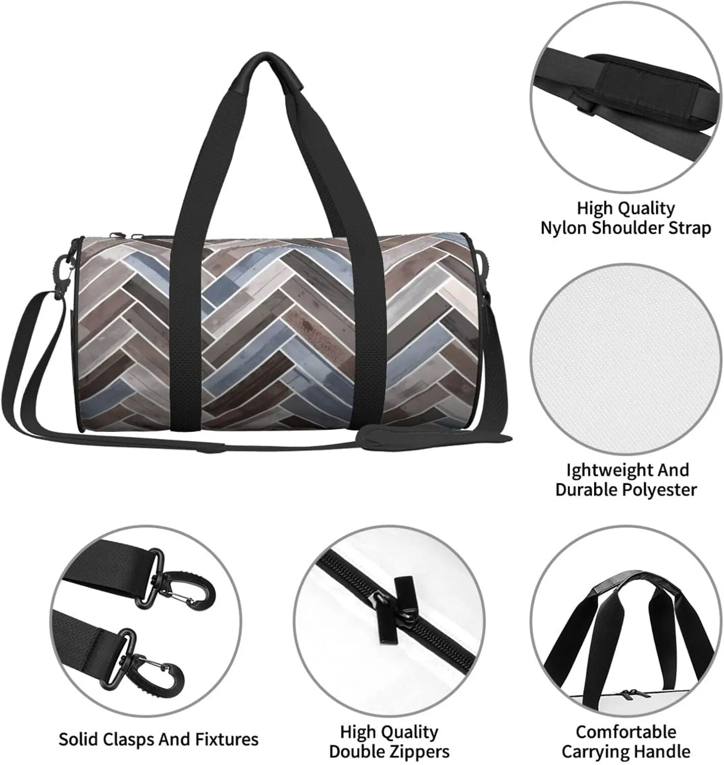 Herringbone in Blue Brown Grey Round Travel Duffel Bag Large Capacity Gym Sports Bags for Hiking Vacation Trips