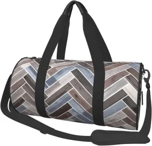 Herringbone in Blue Brown Grey Round Travel Duffel Bag Large Capacity Gym Sports Bags for Hiking Vacation Trips